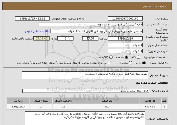 استعلام تمدید بیمه نامه آتش سوزی وکلیه مواردمندرج درپیوست 