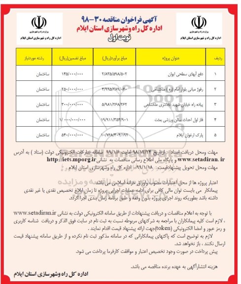 مناقصه، مناقصه دفع آبهای سطحی ایوان 