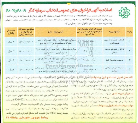 اصلاحیه آگهی فراخوان های عمومی , فراخوان مشارکت به روش ساخت - بهره برداری - اجاره - انتقال bolt... اصلاحیه 