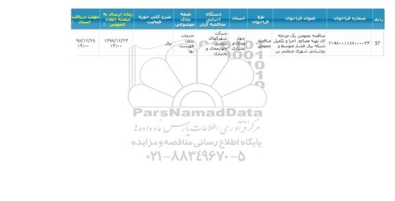 مناقصه، مناقصه تهیه مصالح، اجرا و تکمیل شبکه برق فشار متوسط و روشنایی شهرک صنعتی