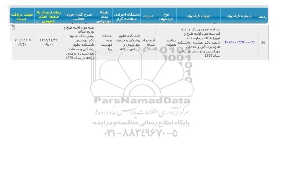 مناقصه تهیه مواد اولیه طبخ و توزیع غذای بیمارستان