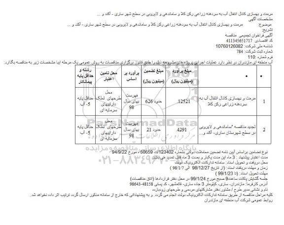 مناقصه مرمت و بهسازی کانال  انتقال اب