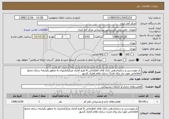 استعلام باز مهندسی و سازماندهی بانک های اطلاعاتی 6 طرح آماری مرکزآمارایران به منظور یکپارچه سازی منابع اطلاعاتی مورد نیاز برای مدرن سازی نظام آماری کشور
