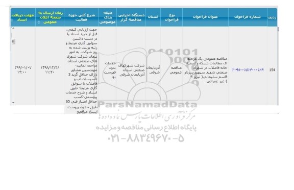 مناقصه، مناقصه مطالعات شبکه و تصفیه خانه فاضلاب در شهرک صنعتی