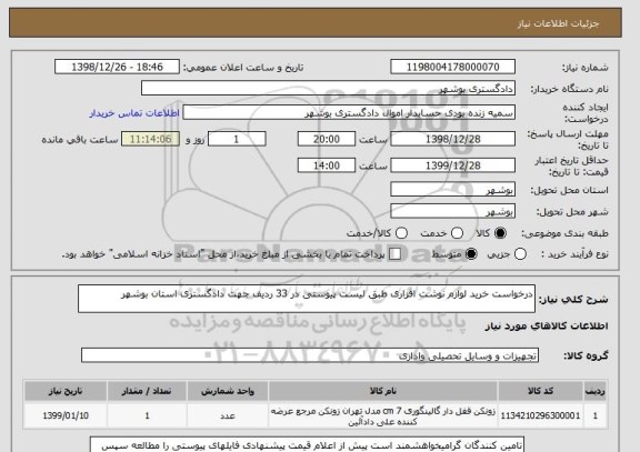 استعلام درخواست خرید لوازم نوشت افزاری طبق لیست پیوستی در 33 ردیف جهت دادگستری استان بوشهر