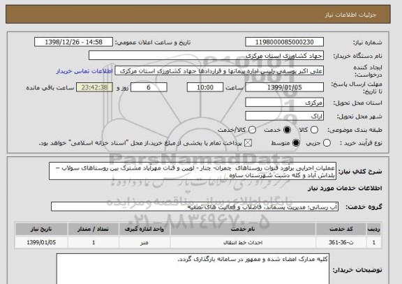 استعلام عملیات اجرایی برآورد قنوات روستاهای  چمران- چنار - لوپین و قنات مهرآباد مشترک بین روستاهای سولاب – یلداش آباد و کله دشت شهرستان ساوه 