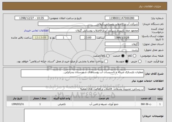 استعلام عملیات بازسازی شبکه و تاسیسات آب روستاهای شهرستان بندرانزلی