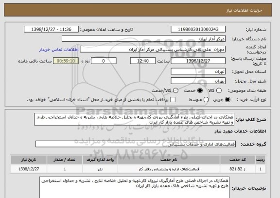 استعلام همکاری در اجرای فصلی طرح آمارگیری نیروی کار،تهیه و تحلیل خلاصه نتایج ، نشریه و جداول استخراجی طرح و تهیه نشریه شاخص های عمده بازار کار ایران