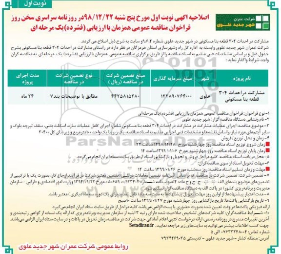 فراخوان مشارکت در احداث 304 قطعه بنا مسکونی - نوبت دوم