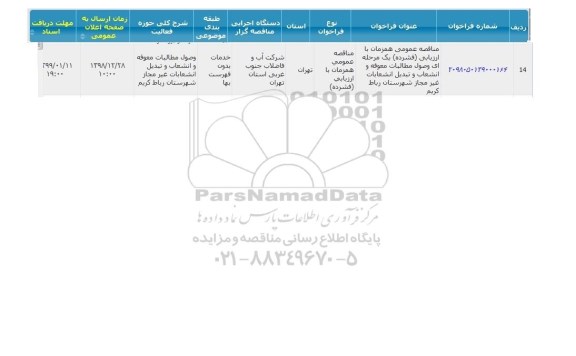 آگهی مناقصه عمومی, مناقصه وصول مطالبات معوقه و انشعاب و تبدیل انشعاب غیرمجاز شهرستان 