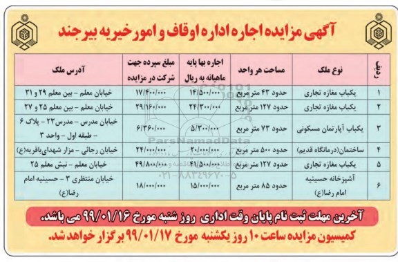 مزایده یکباب مغازه تجاری