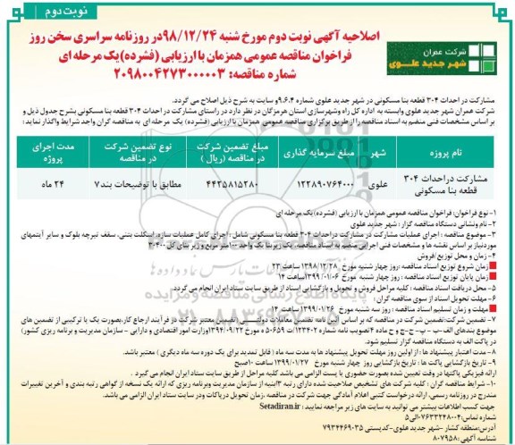 فراخوان مناقصه مشارکت در احداث 304 قطعه بنا مسکونی اصلاحیه نوبت دوم 