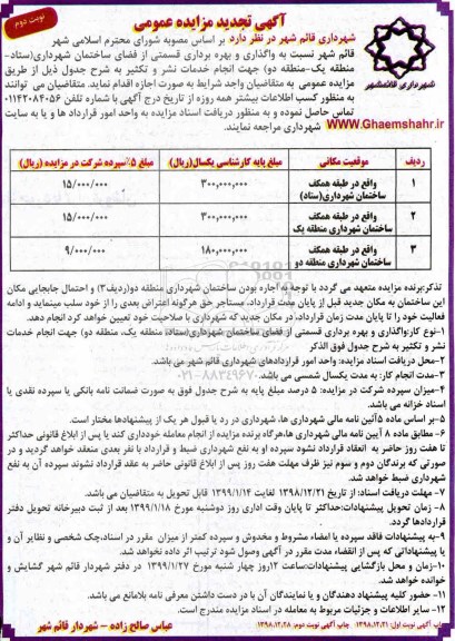 تجدید مزایده ، تجدید مزایده واگذاری و بهره برداری قسمتی از فضای ساختمان شهرداری