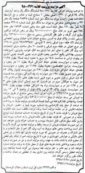 مزایده,مزایده ششدانگ یک واحد آپارتمان 84 فرعی 