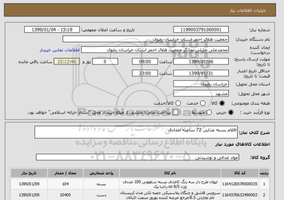استعلام اقلام بسته غذایی 72 ساعته امدادی