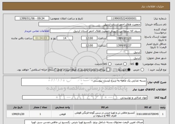 استعلام بسته غذایی یک ماهه به شرح لیست پیوستی 