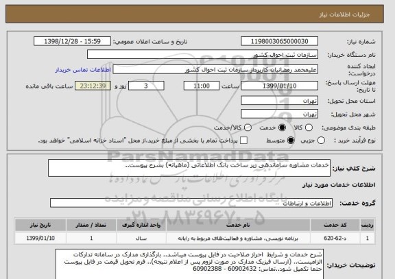 استعلام خدمات مشاوره ساماندهی زیر ساخت بانک اطلاعاتی (ماهیانه) بشرح پیوست..