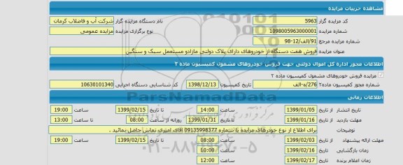 مزایده فروش هفت دستگاه از خودروهای دارای پلاک دولتی