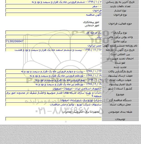 احداث و بهینه سازی شبکه های فشار متوسط و فشار ضعیف در محدوده امور برق منطقه ۹