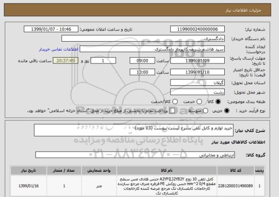 استعلام خرید لوازم و کابل تلفن بشرح لیست پیوست (13 مورد)