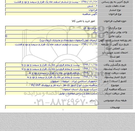 مناقصه تست انواع کنتور تک فاز ، سه فاز و دیماندی ۹۹/۱۷۷۳