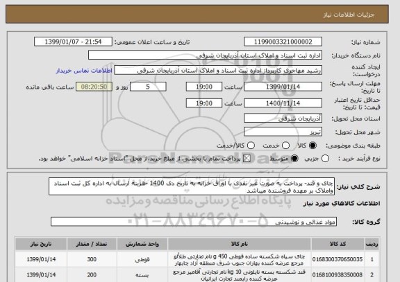 استعلام چای و قند- پرداخت به صورت غیر نقدی با اوراق خزانه به تاریخ دی 1400 -هزینه ارسال به اداره کل ثبت اسناد واملاک بر عهده فروشنده میباشد 