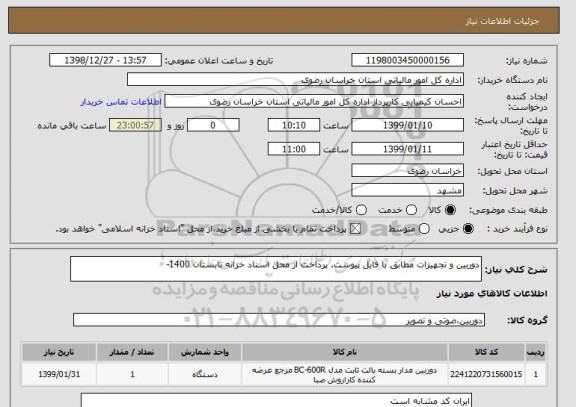 استعلام دوربین و تجهیزات مطابق با فایل پیوست. پرداخت از محل اسناد خزانه تابستان 1400- 