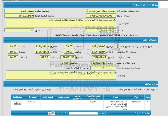 مزایده، مزایده یک باب مغازه تجاری 9 مترمربع