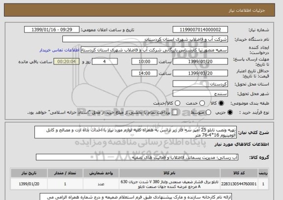 استعلام تهیه ونصب تابلو 25 آمپر سه فاز زیر ترانس به همراه کلیه لوازم مورد نیاز با احداث چاه ارت و مصالح و کابل آلومینیوم 16*4-76 متر 