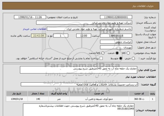 استعلام حفاری یک حلقه چاه آب به عمق 140مترطبق شرح پیوستی