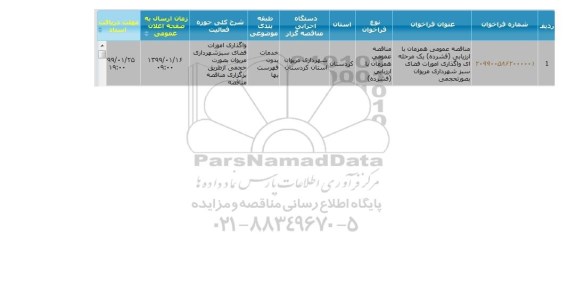 مناقصه مناقصه عمومی همزمان با ارزیابی فشرده یک مرحله ای واگذاری امورات فضای سبز شهرداری
