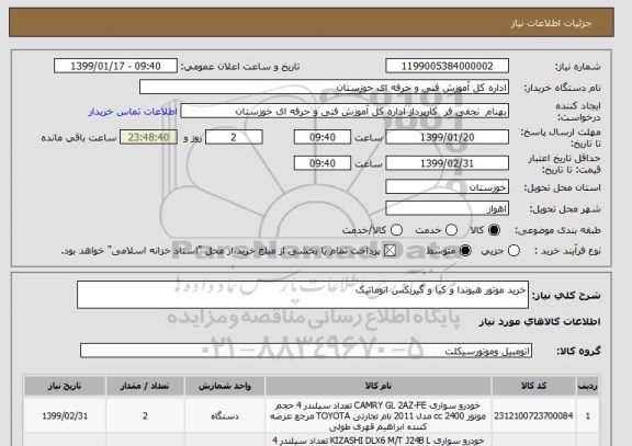 استعلام خرید موتور هیوندا و کیا و گیربکس اتوماتیک 