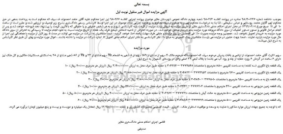 مزایده، مزایده فروش 1- یک قطعه باغ انگوری (سه تخته) به مساحت تقریبی 8500 مترمربع و... 