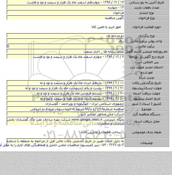 مناقصه شماره۱۶۱۸/ج ن/۹۸ مربوط به خرید سوپاپ ورودی و خروجی