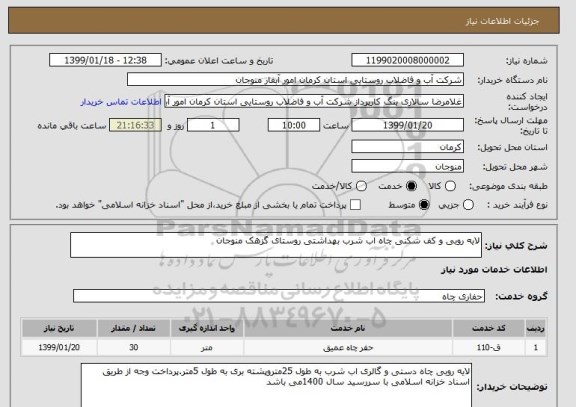 استعلام لایه روبی و کف شکنی چاه اب شرب بهداشتی روستای گزهک منوجان