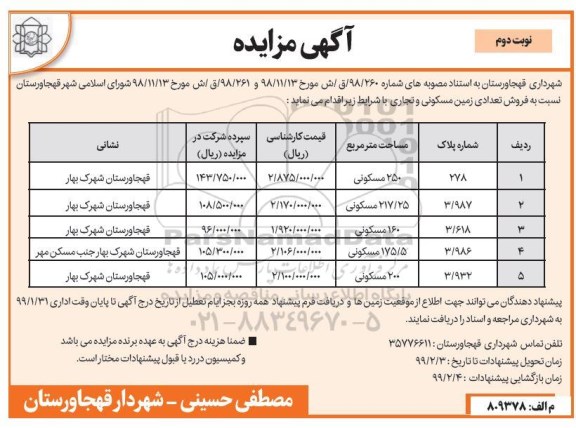 آگهی مزایده مزایده فروش تعدادی زمین مسکونی و تجاری نوبت دوم