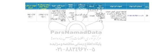 مناقصه ، مناقصه احداث شبكه توزیع گاز و ساخت و نصب انشعابات بصورت پراكنده