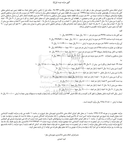 مزایده، مزایده فروش تعداد سه قطعه زمین دیم باسامی محلی کانی بله و پشت دار وقوراوهی خوارو 