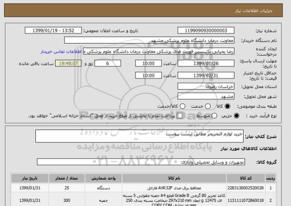 استعلام خرید لوازم التحریحر مطابق لیست پیوست