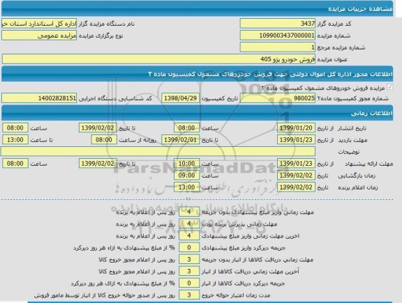 مزایده، مزایده فروش خودرو پژو 405