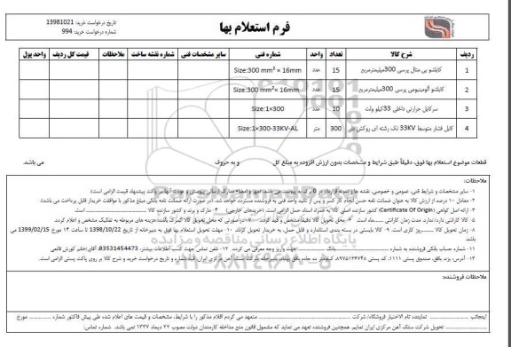 استعلام,استعلام کابلشو یی متال پرسی و ....