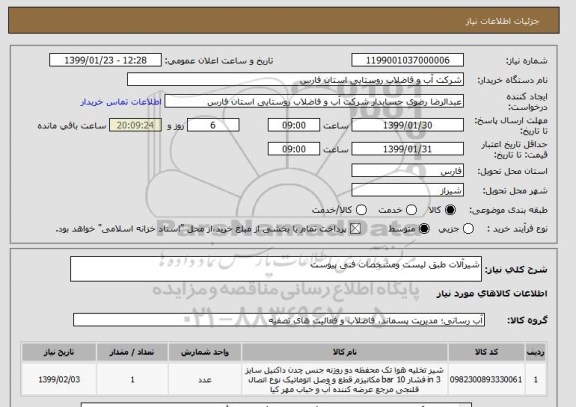 استعلام شیرآلات طبق لیست ومشخصات فنی پیوست