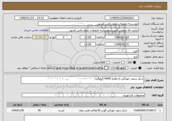 استعلام شکر سفید خوراکی به مقدار 4000 کیلوگرم