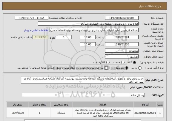 استعلام خرید لوازم برقی و چوبی ساختمان باشگاه ملوانان برابر لیست پیوست - کد کالا مشابه میباشد.تحویل کالا در بندر امیر آباد.