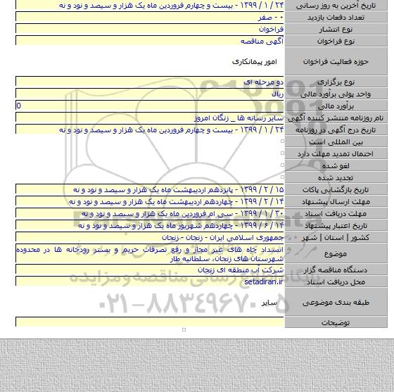 انسداد چاه های غیر مجاز و رفع تصرفات حریم و بستر رودخانه ها در محدوده شهرستان های زنجان، سلطانیه طار