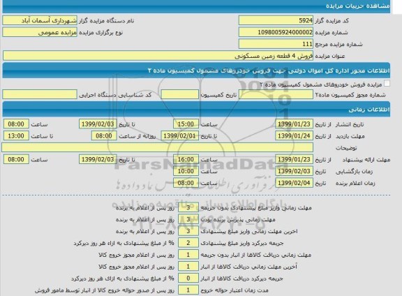 مزایده، مزایده فروش 4 قطعه زمین مسکونی