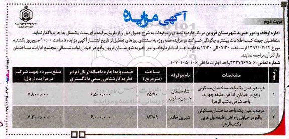 آگهی مزایده , مزایده اجاره واحد مسکونی 