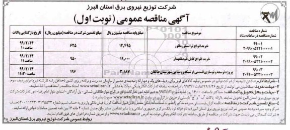 مناقصه ، مناقصه خرید انواع ترانسفورماتور و ...