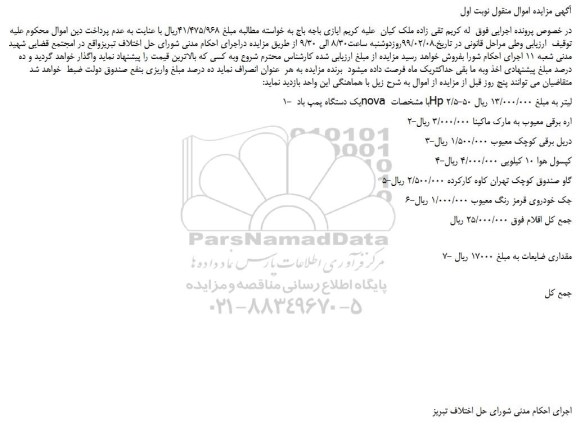مزایده، مزایده فروش یک دستگاه پمپ باد nova با مشخصات Hp 2/5-50 لیتر و...
