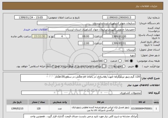 استعلام 120 گرم زنبور تریکوگراما جهت رهاسازی در باغات انار چگنی در سطح 20 هکتار